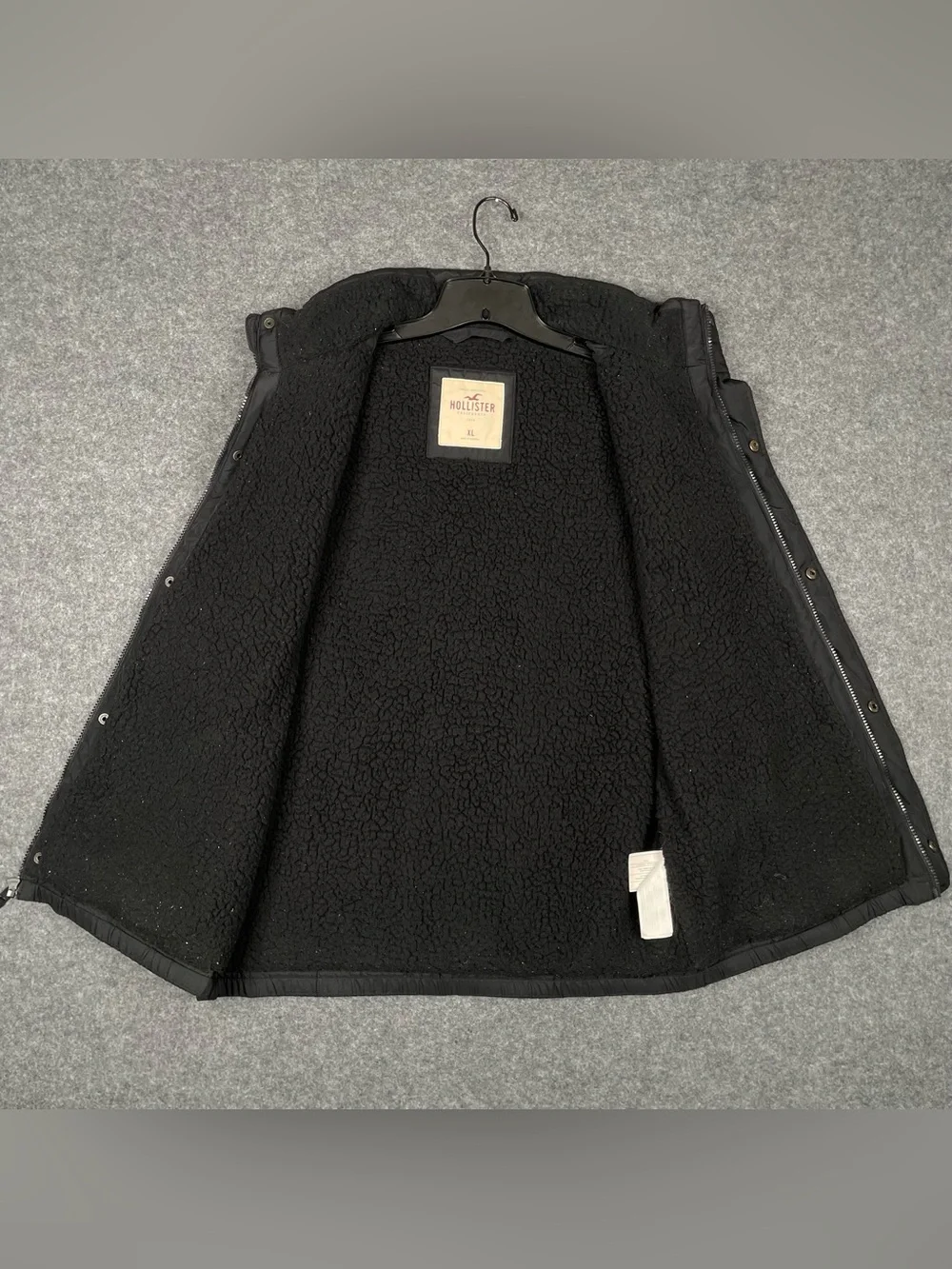 Hollister Puffer Vest Mens XL Black Sherpa Fur Lined Full Zip Y2K Ski Casual